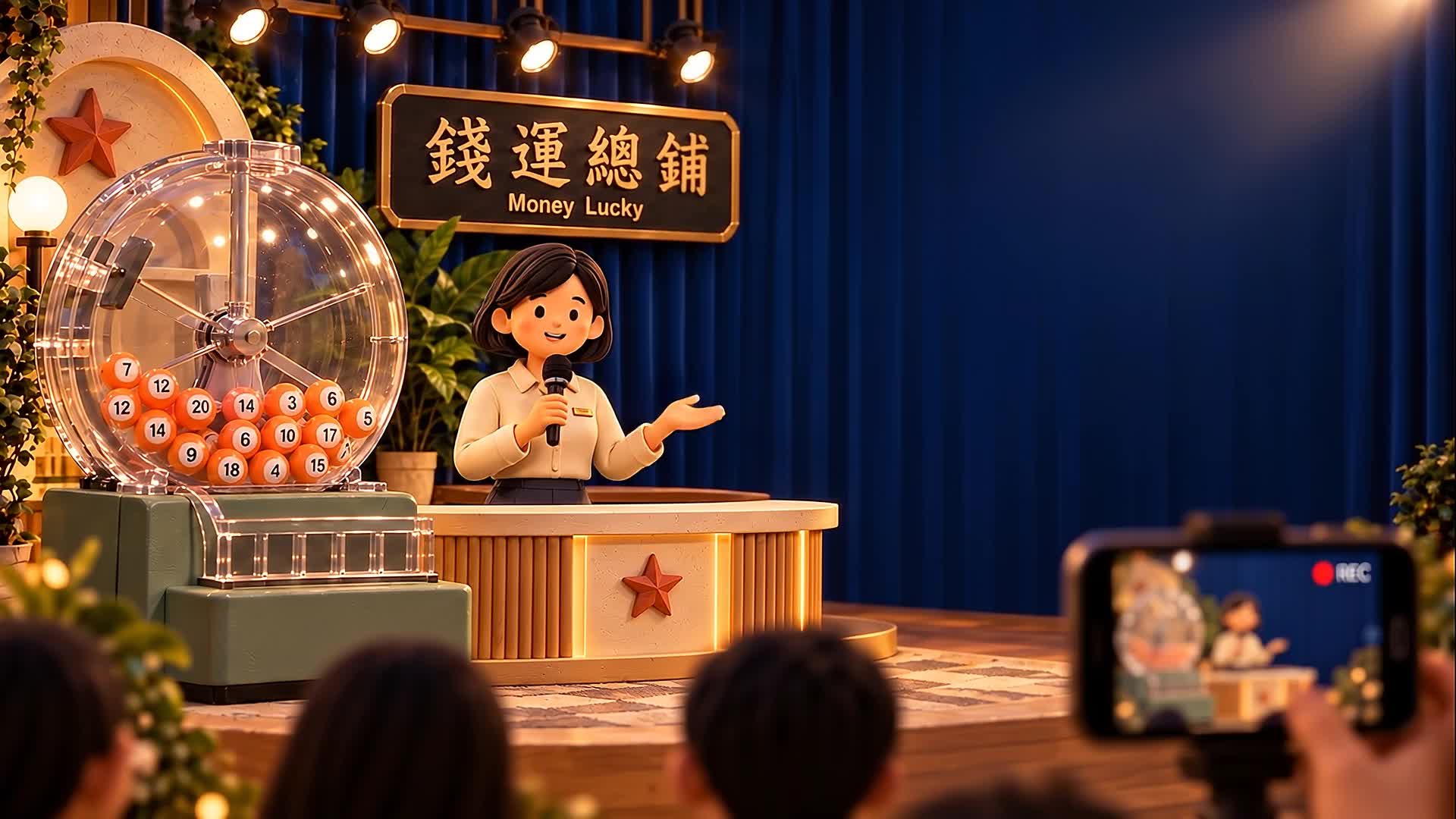黏土主持人在橘色彩球抽獎舞台